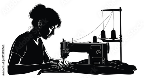 A striking black silhouette depicts a woman intently sewing with a vintage machine showcasing skilled craftsmanship silhouette high quality professional detailed