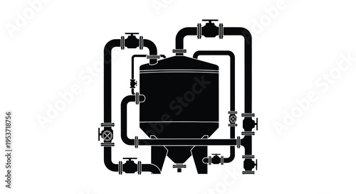 A black silhouette of an industrial filtration system with connected pipes and a central tank silhouette high quality professional detailed modern
