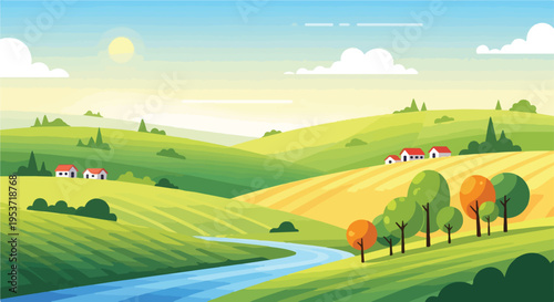 A vibrant illustration depicts a serene countryside scene with rolling hills