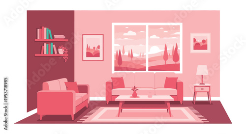 A cozy living room interior is depicted with pink hues featuring furniture and artwork a captivating silhouette high quality professional detailed