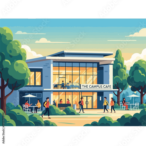 A vibrant illustration of a campus cafe with students