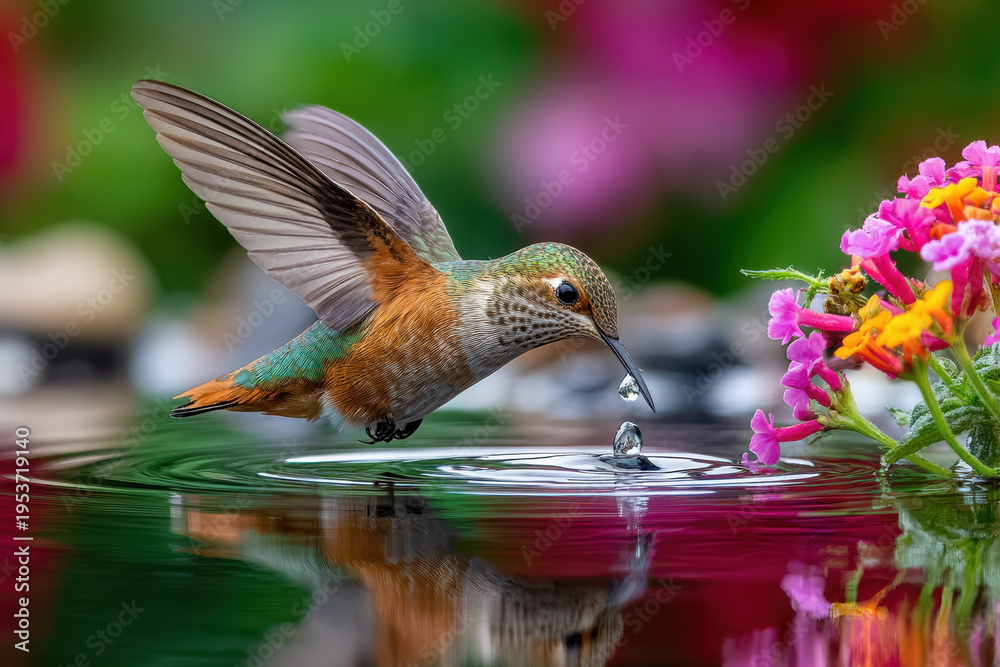 Obraz premium Hummingbird in Flight Sipping Water Droplets from a Vibrant Flower Reflection
