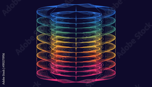 A vibrant, colorful, 3D, wireframe cylinder illustration with a rainbow gradient on a dark blue background