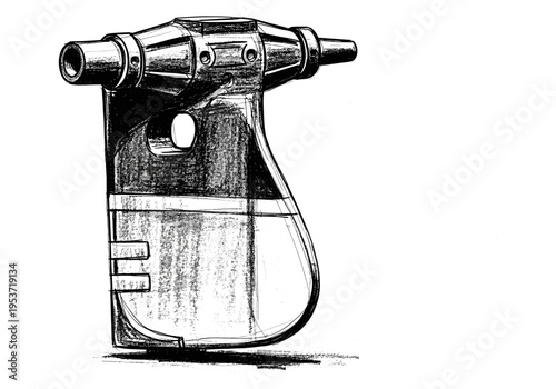 Hand-drawn sketch of a modern spray bottle with a clear liquid reservoir and metallic nozzle