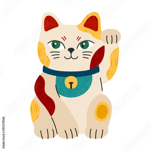 Lucky cat, Maneki neko. Japanese figurine, cute cartoon Asian character, fortune symbol. White porcelain kitten with waving paw, symbol of money, prosperity and wealth.