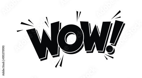 A striking black and white image displaying the word wow in a bold comic style lettering silhouette high quality professional detailed modern elegant stylish