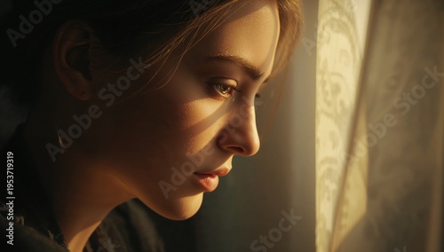 Gazing woman in profile basking in warm light at window, wearing dark top, sheer curtain glowing