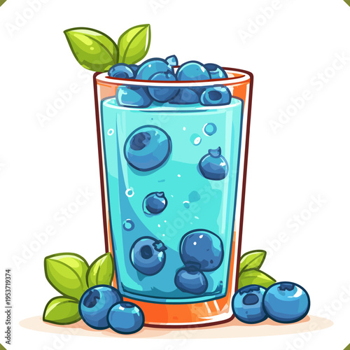 Vector illustration of blueberry smoothie in tall glass with fresh berries, refreshing summer drink isolated on a white background