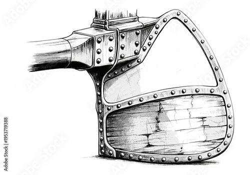 Detailed illustration of a medieval axe head with riveted metal and aged wood texture