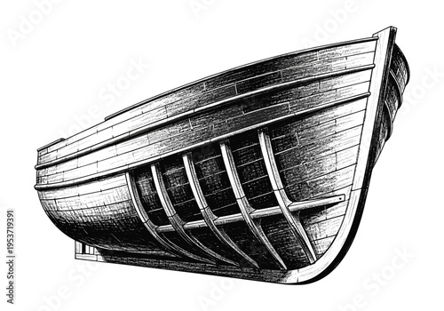 Detailed black and white illustration of a wooden boat hull under construction