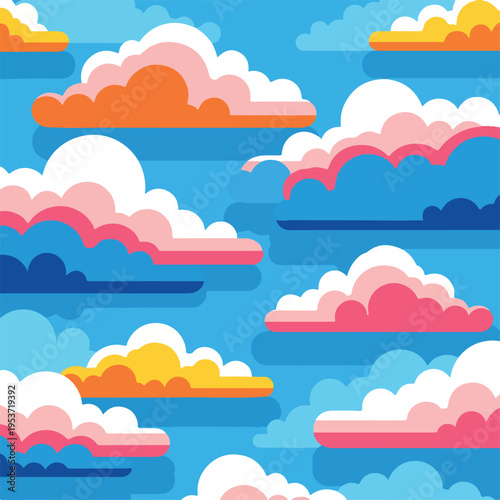 A vibrant, stylized illustration of puffy clouds floating in a blue sky