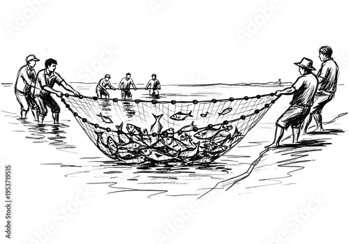 Fishermen hauling a large net full of fish from the sea in a sketch style