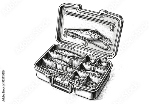 Open tackle box filled with fishing lures, hooks, and weights, ready for angling