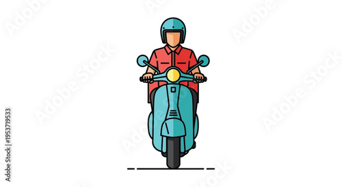 A colorful illustration depicts a delivery driver on a scooter facing forward in a flat style silhouette high quality professional detailed modern
