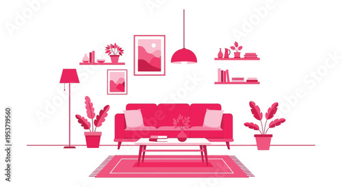 A minimalistic pink living room interior design featuring furniture plants and wall art presented as a silhouette high quality professional detailed