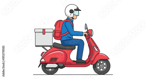 A delivery person on a red scooter with a large insulated box showcasing a distinct flat silhouette high quality professional detailed
