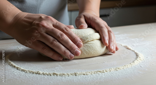 Close-up of hands kneading dough on a floured surface in a kitchen with a warm mood.