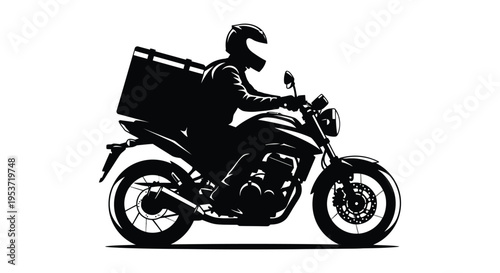 A delivery driver rides a motorcycle with a large box showcasing a striking black silhouette high quality professional detailed modern elegant