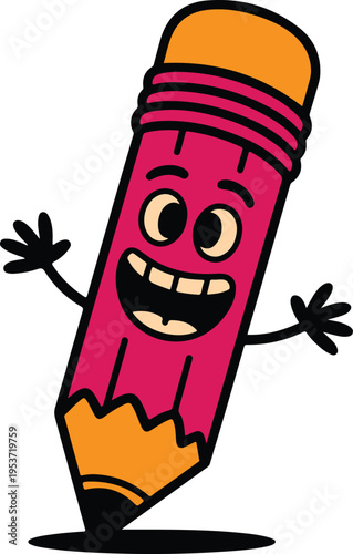A cheerful pink pencil with a yellow eraser and tip standing on its tip with arms outstretched in a playful gesture on white background