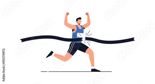 A determined runner breaks the finish line tape in a dynamic illustration embodying success and achievement silhouette high quality professional detailed