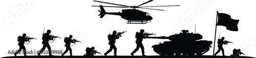 Military operation silhouette vector illustration design graphic, soldiers tanks helicopter flag combat art concept, black and white decorative creative collection