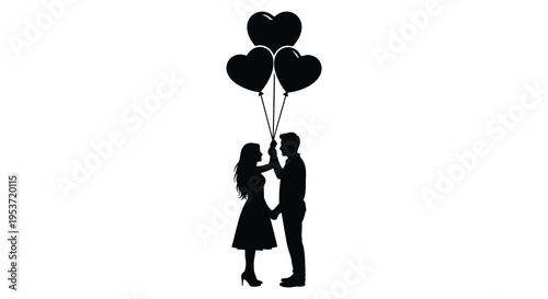 A couple holding hands and releasing heart shaped balloons into the air a striking black silhouette high quality professional detailed modern elegant