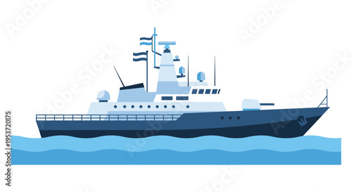 A stylized illustration depicts a navy warship sailing on blue water showcasing a bold silhouette high quality professional detailed modern elegant