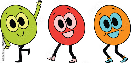 Three cartoon characters with smiling faces and colorful bodies walking in different poses on white background