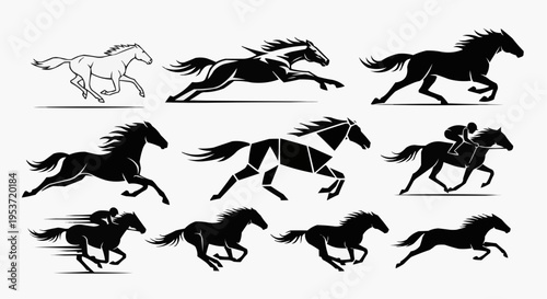 Collection of varied running horse silhouettes, including detailed black ink drawings, stylized geometric vector art, and a jockey riding for speed competition.