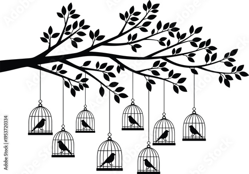 Tree branch with birdcages silhouette vector illustration design graphic, symbolic confinement freedom art concept, black and white decorative creative collection