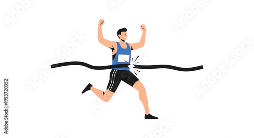 A victorious runner breaks a finish line arms raised in celebration depicted in a flat graphic style silhouette high quality professional