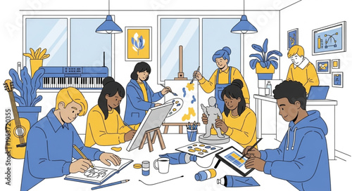 Creative art class with students painting and drawing together.