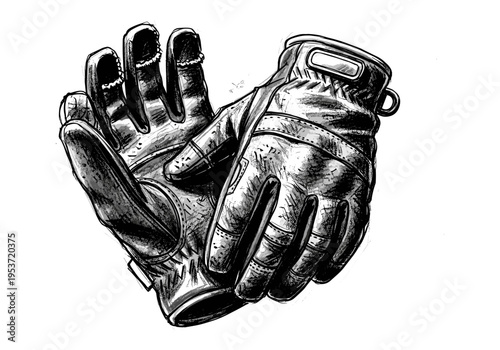 Detailed black and white illustration of a pair of rugged leather work gloves