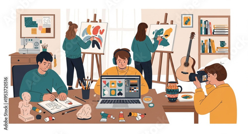 Online Art Class - Students Painting and Learning Together Remotely.