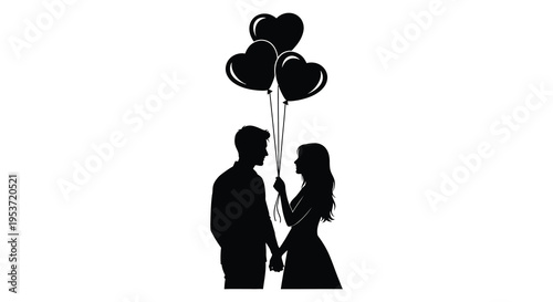 A couple holding hands gazes upwards at a cluster of heart shaped balloons creating a romantic silhouette high quality professional detailed modern