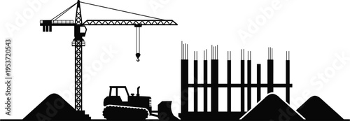 Construction site silhouette vector illustration design graphic, industrial urban development building art concept, black and white decorative creative collection