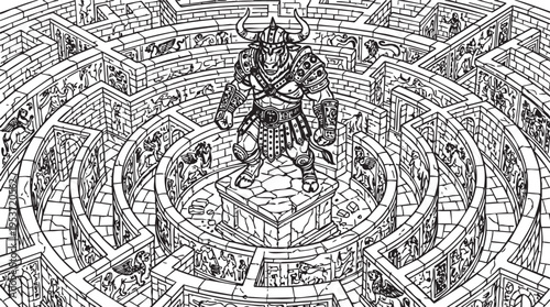 Formidable horned guardian stands at the intricate heart of a challenging circular labyrinth, an epic quest destination