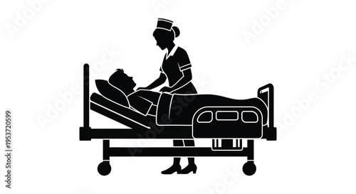 A black silhouette depicts a nurse attending to a patient lying in a hospital bed showcasing care silhouette high quality professional
