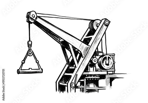 Vintage industrial crane with pulley system and lifting hook, hand-drawn sketch style