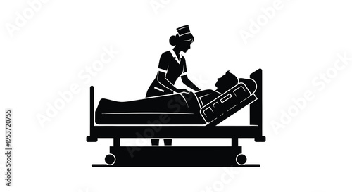 A nurse attends to a patient lying in a hospital bed depicted in a striking black silhouette high quality professional detailed