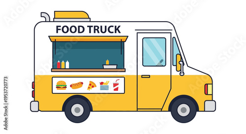 A bright yellow food truck is depicted with food illustrations offering various tasty meals a flat silhouette high quality professional