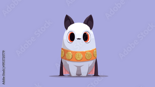 A cute, stylized, round-bodied creature with large eyes, a gold collar, and dark ears