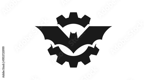 A black bat silhouetted against white background, integrated within the gears, in a simple design