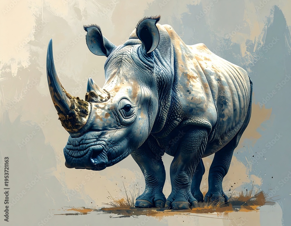 Fototapeta premium Large rhino with a prominent horn against abstract painted background