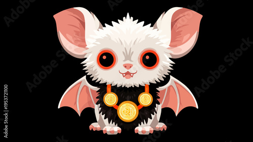 Cute cartoon bat with white fur, big ears, red eyes, wings, and golden coin pendant