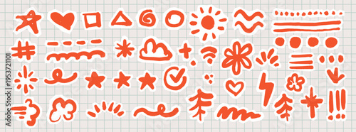 Red Scrapbook Scribble Doodle Pack. Kids Hand Drawn Highlight Stickers with Stars, Hearts, Lines, Sparkles and Playful Marks. Cute Naive Graphics for Text Highlighting and Creative Design.