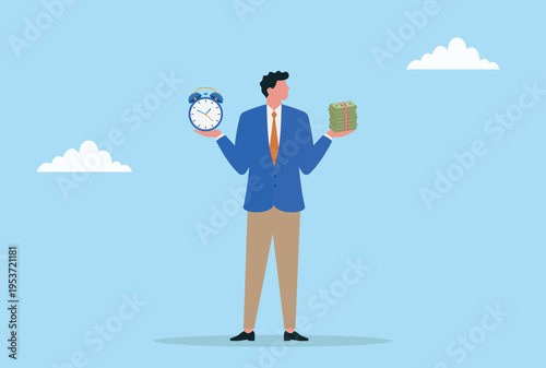 Vector illustration of a businessman holding an alarm clock and a money bundle, symbolizing time management, financial planning, productivity, deadlines, and work efficiency
