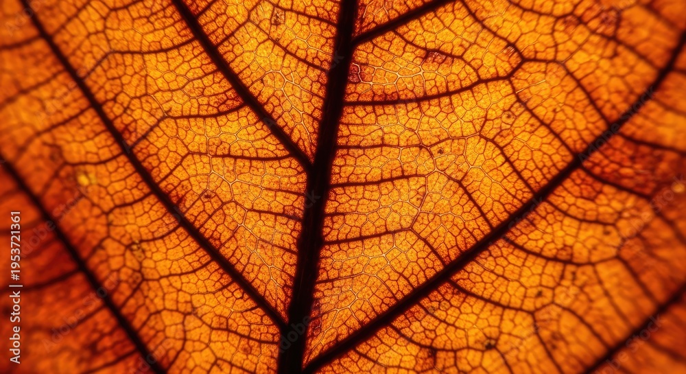 Fototapeta premium Close-up of an autumn leaf showing intricate vein patterns and vibrant orange color.