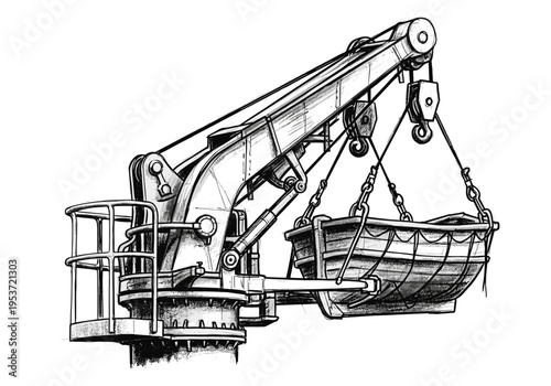 Detailed sketch of a ship's davit launching a lifeboat with intricate mechanical details