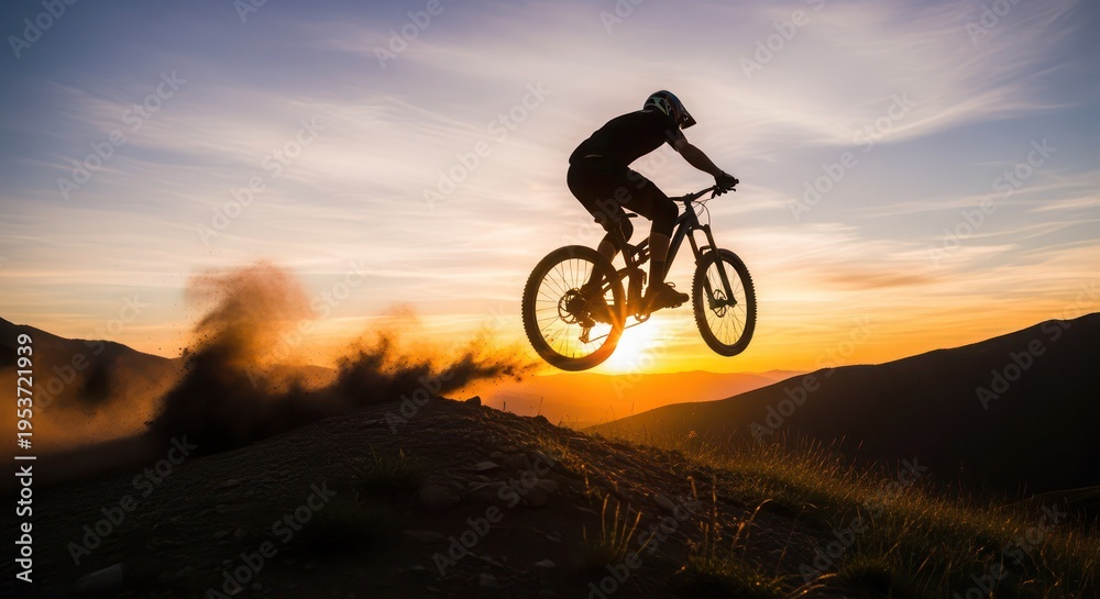 Obraz premium Mountain biker performs an impressive jump over a rugged ridge at sunset, showcasing extreme sports action while silhouetted against the glowing horizon in a display of athletic prowess and speed.